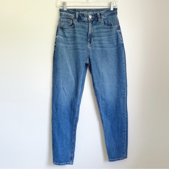 American Eagle Mom Jean size 2 solid blue no rips high rise solid basic denim - Picture 1 of 11